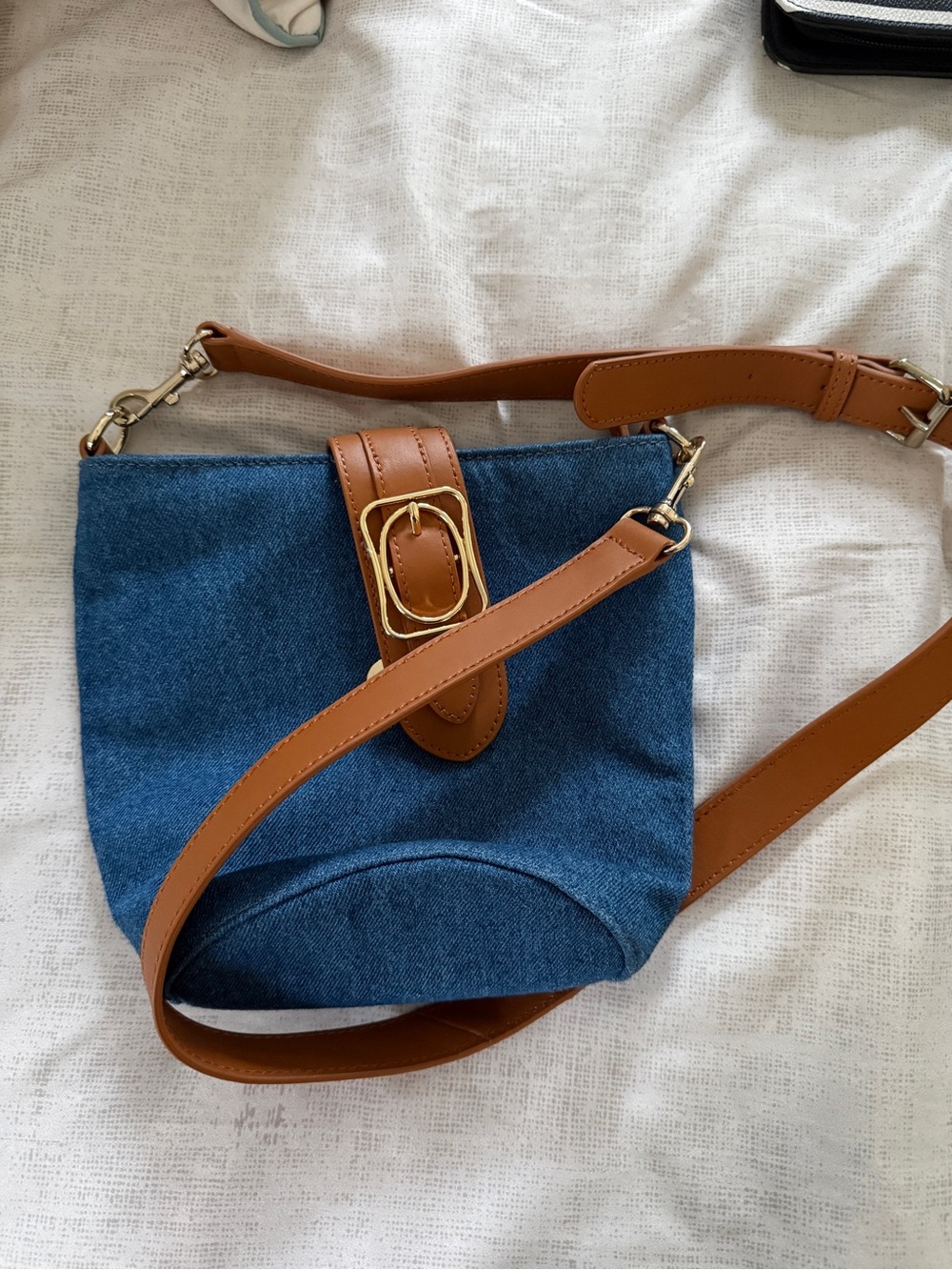 Denim and Tan Crossbody Bag with Gold Buckle